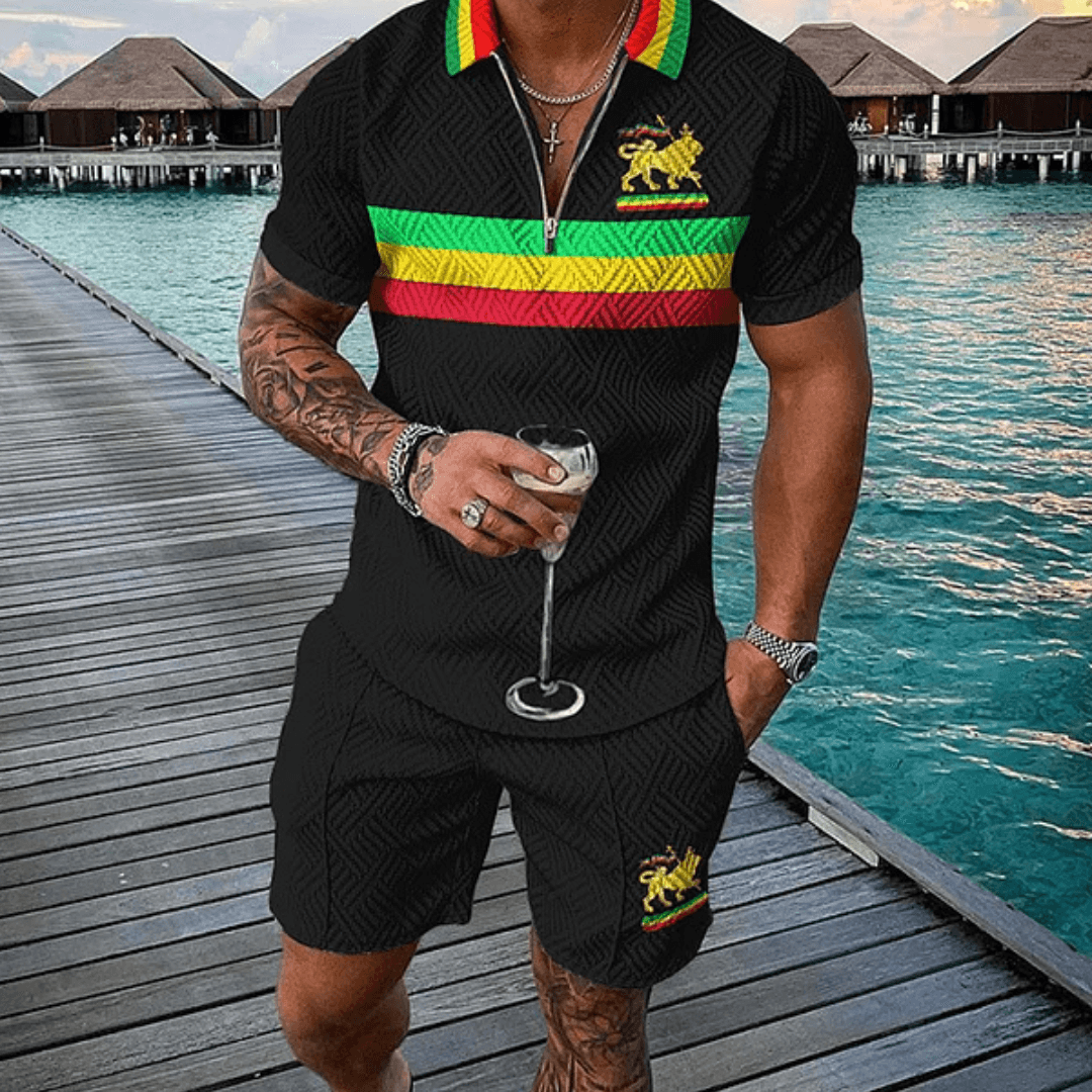 Juneteenth Stripes Rasta Lion Polo Shirt And Shorts Co-Ord