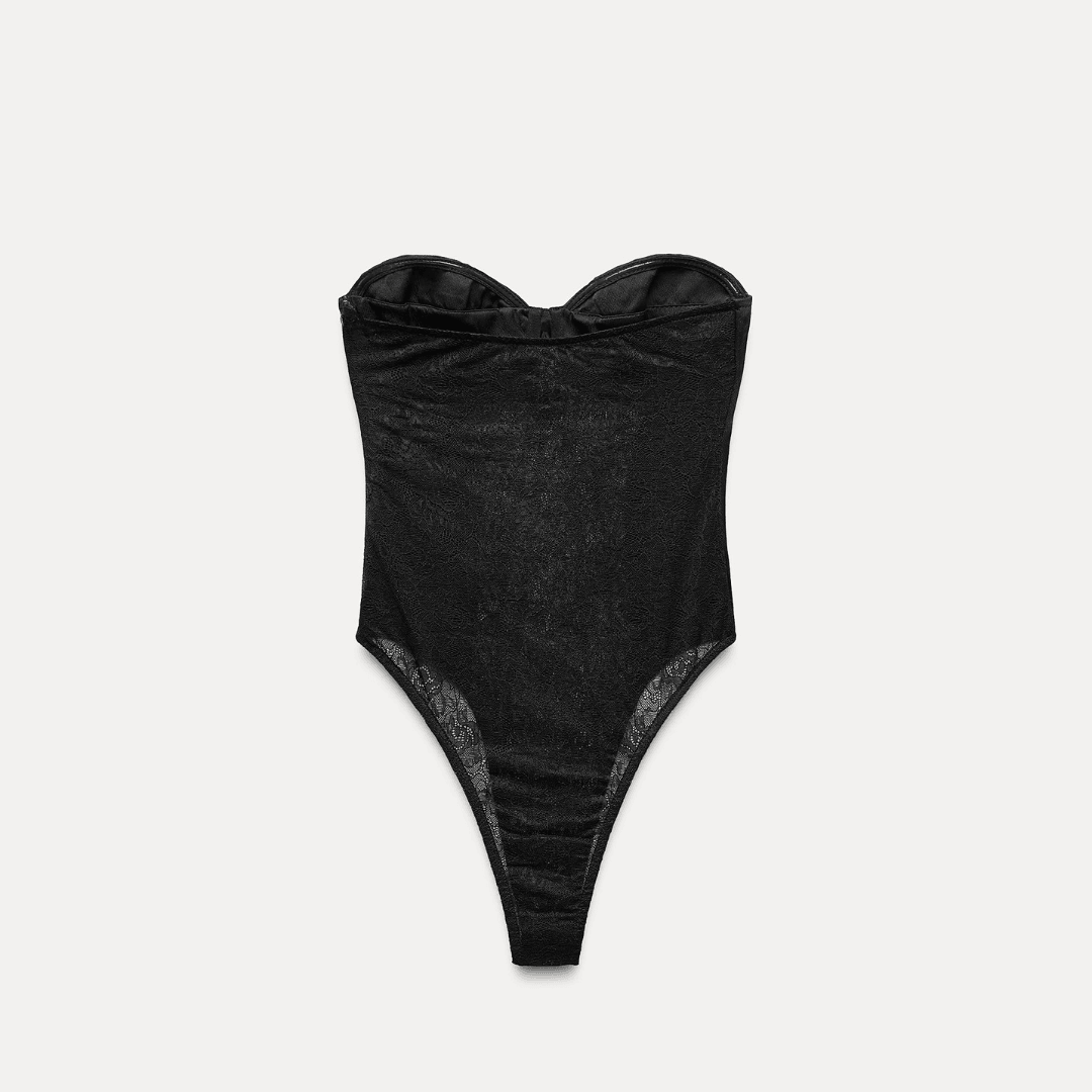 Black Strapless Bodysuit with Lace Details