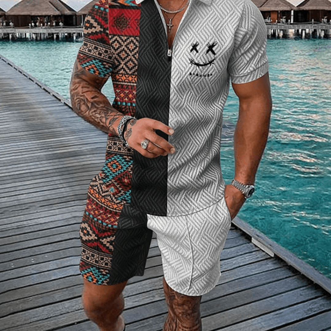 Two Tone Ethnic Polo Shirt And Shorts Co-Ord