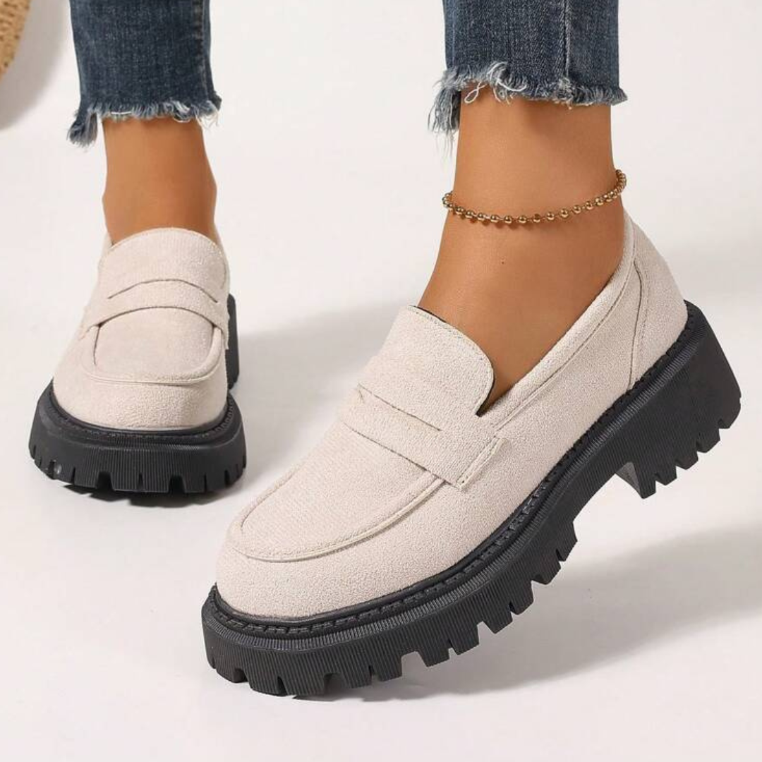 Emilie | Comfortable white suede loafers with a thick, cushioned sole