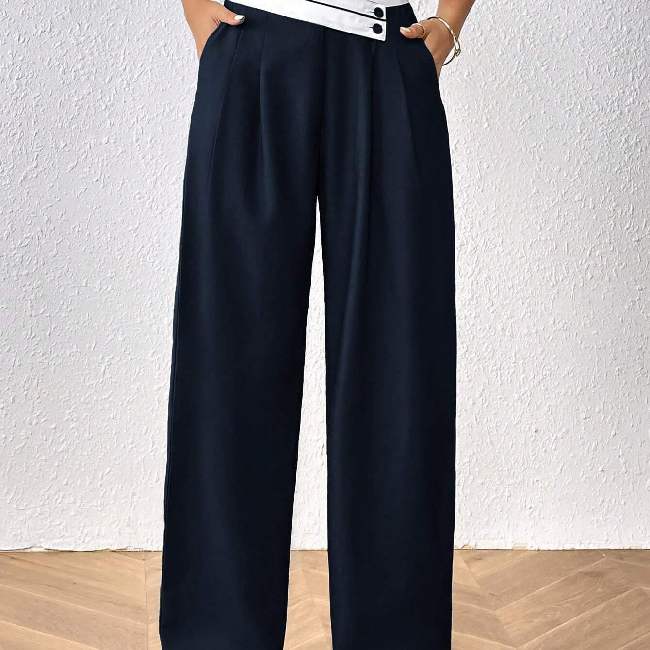 Wide Leg Pants with Waist Band and Button Details