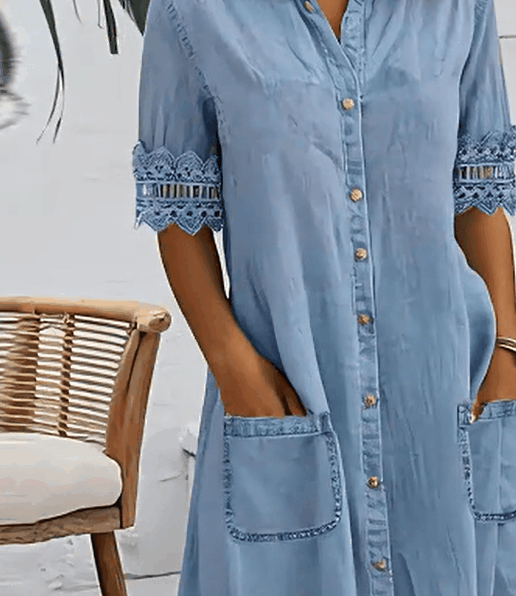 Ciccia | Blue denim mini dress with straight neck and lace trim