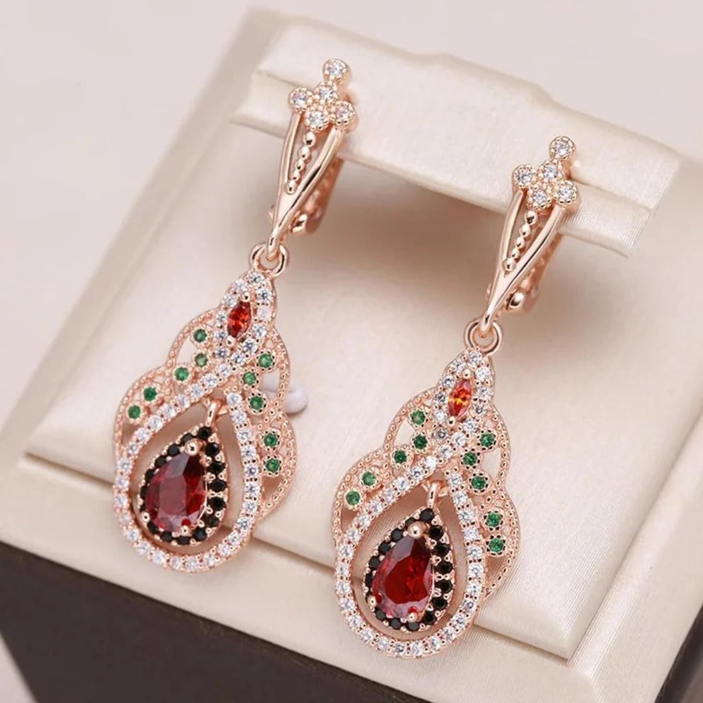 Boucles d'oreilles Mandala Rouge avec Zircone en Or