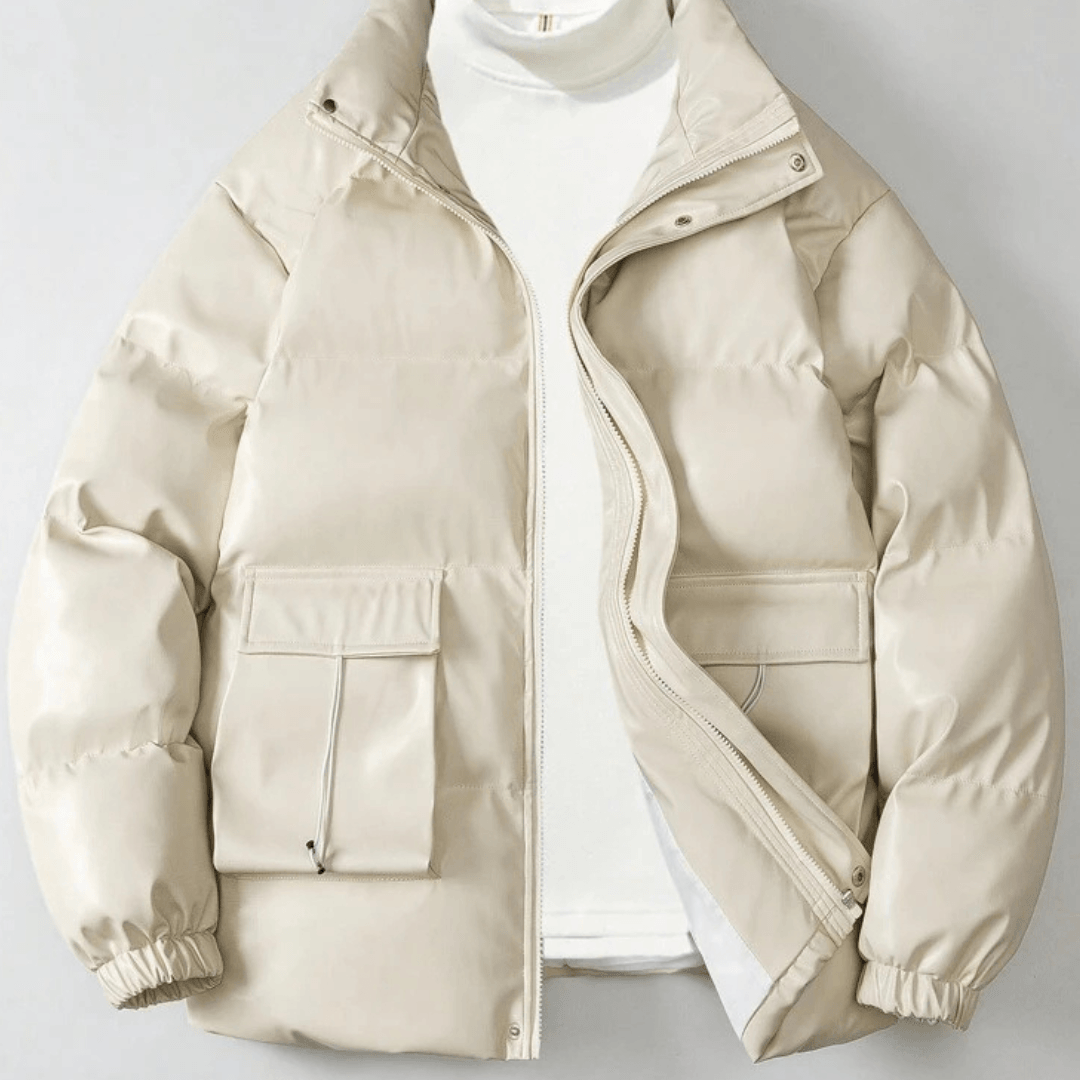 Beige jacket with pockets and high collar
