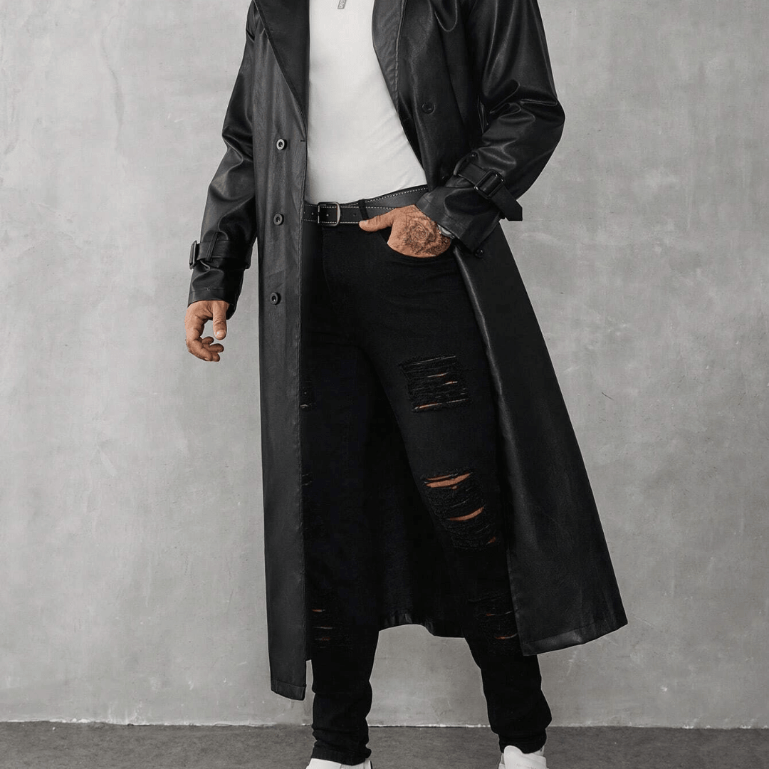 Black Leather Trench Coat with Modern Details