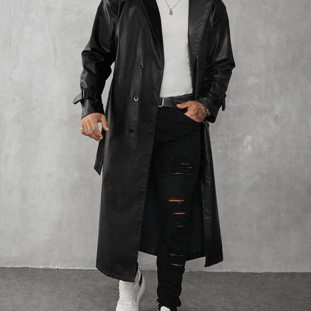 Black Leather Trench Coat with Modern Details