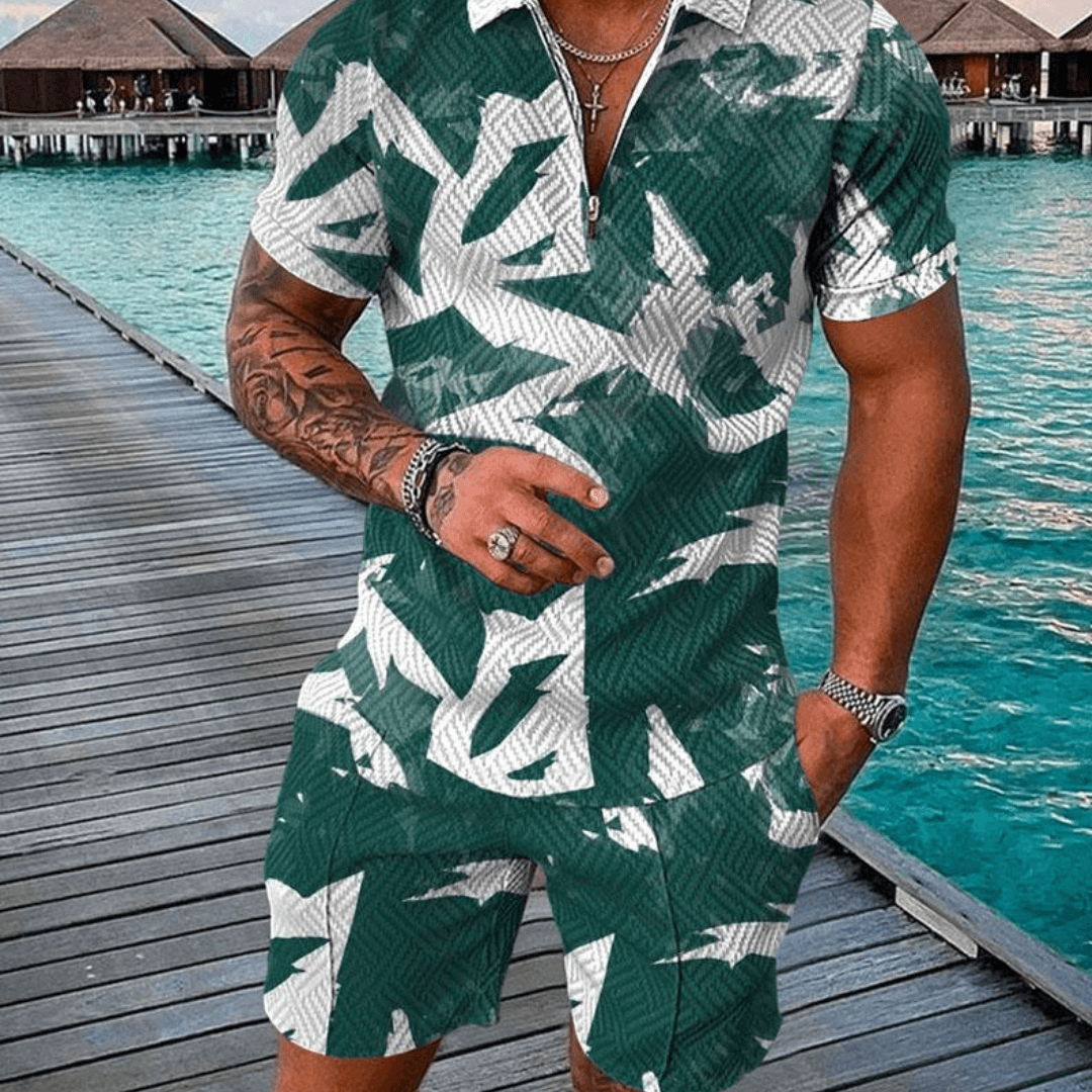 Green Tropical Polo Shirt And Shorts Co-Ord
