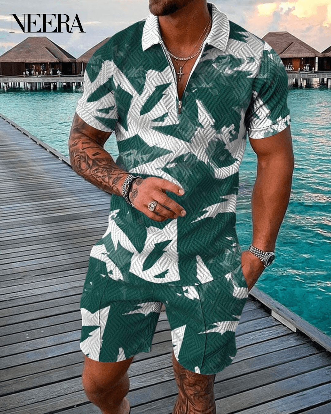 Green Tropical Polo Shirt And Shorts Co-Ord
