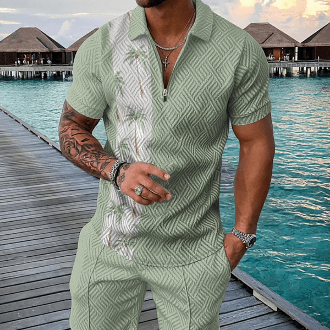 Green Coconut Tree Polo Shirt And Shorts Co-Ord