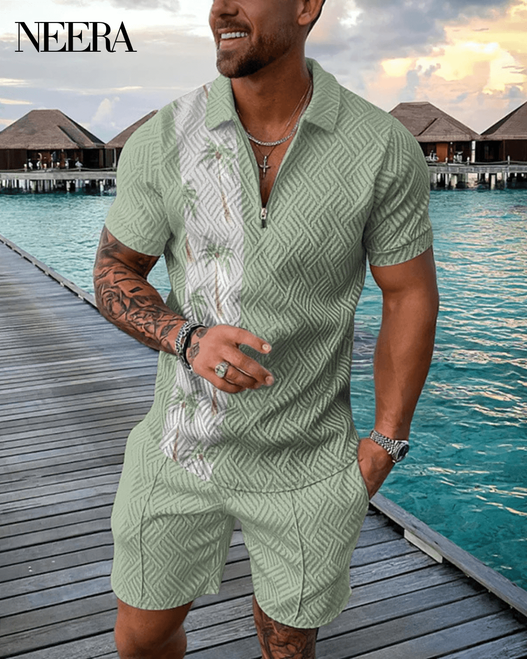 Green Coconut Tree Polo Shirt And Shorts Co-Ord