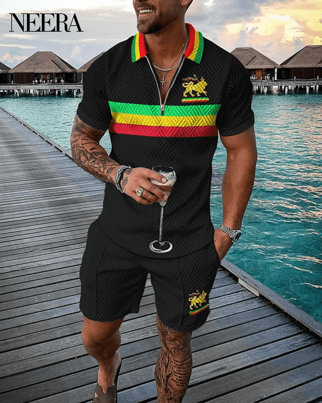 Juneteenth Stripes Rasta Lion Polo Shirt And Shorts Co-Ord