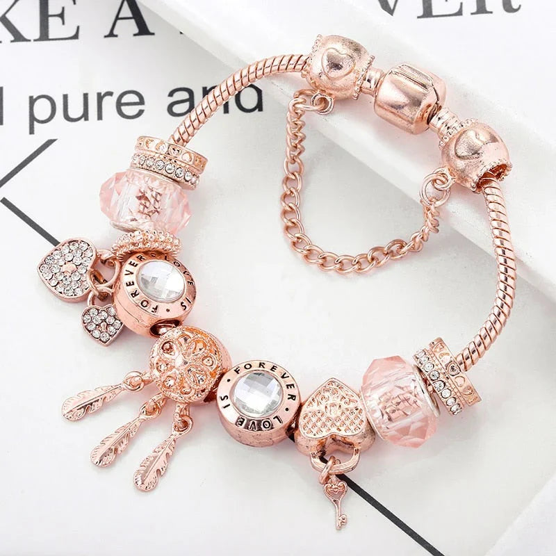 Bracelet attrape-rêves rose avec breloques incluses en argent sterling