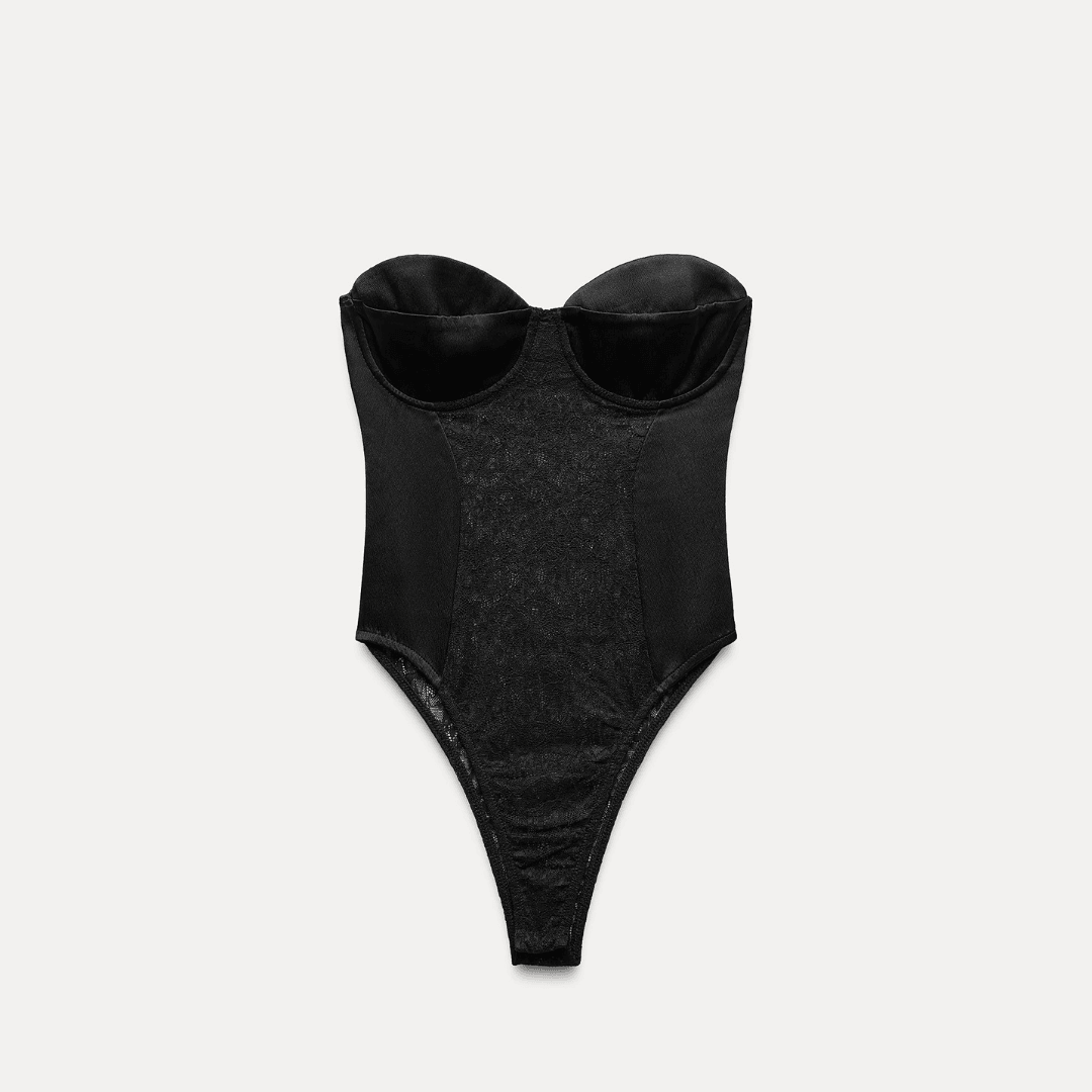 Black Strapless Bodysuit with Lace Details