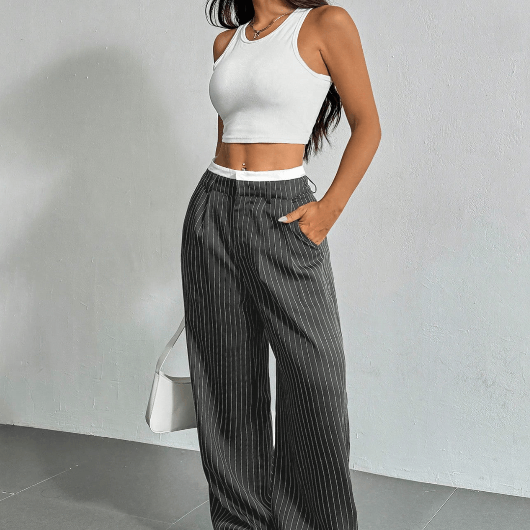 Wide Leg High Waist Pants with Vertical Stripes