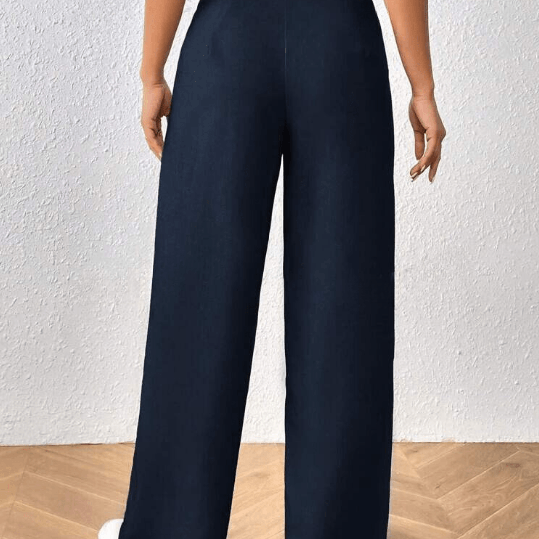 Wide Leg Pants with Waist Band and Button Details