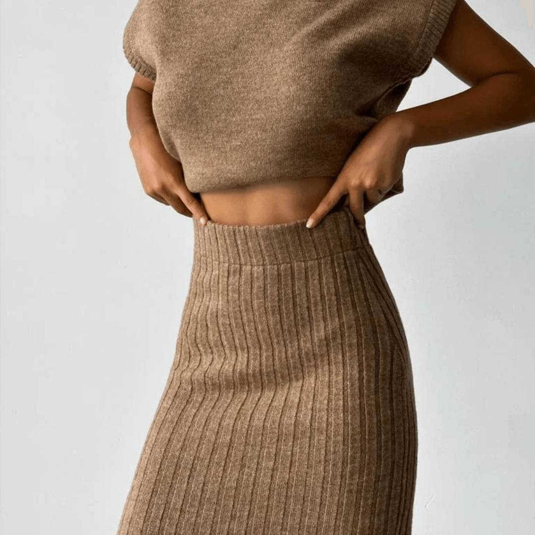 NEERA suit in Sleeveless Brown Jersey and Long Skirt