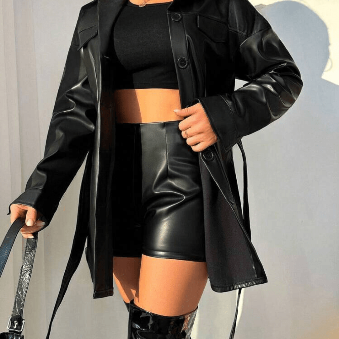 Leather coat with belt and flap detail