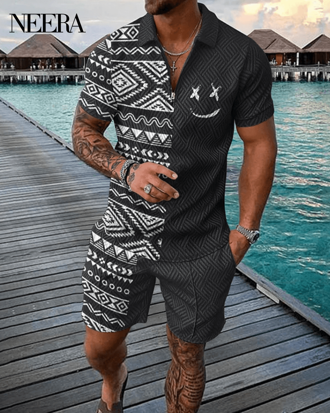 Monochrome Polo Shirt And Shorts Co-Ord