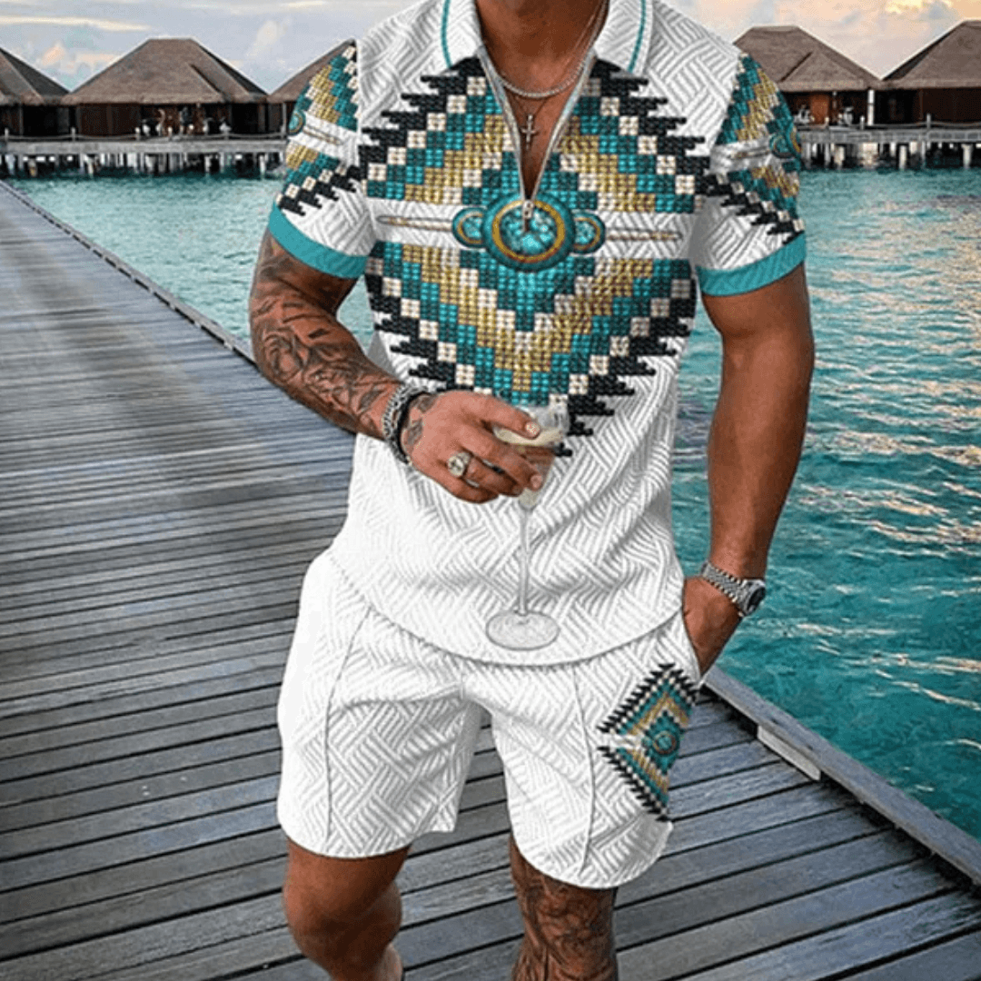 Native American Beadwork Polo Shirt And Shorts Co-Ord