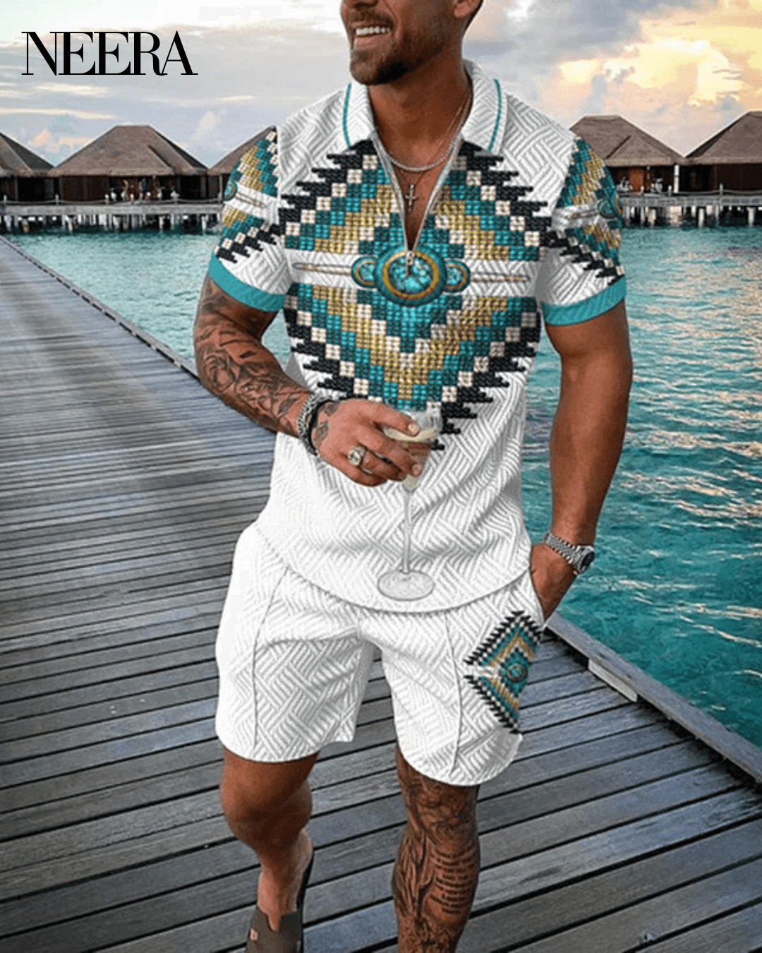 Native American Beadwork Polo Shirt And Shorts Co-Ord