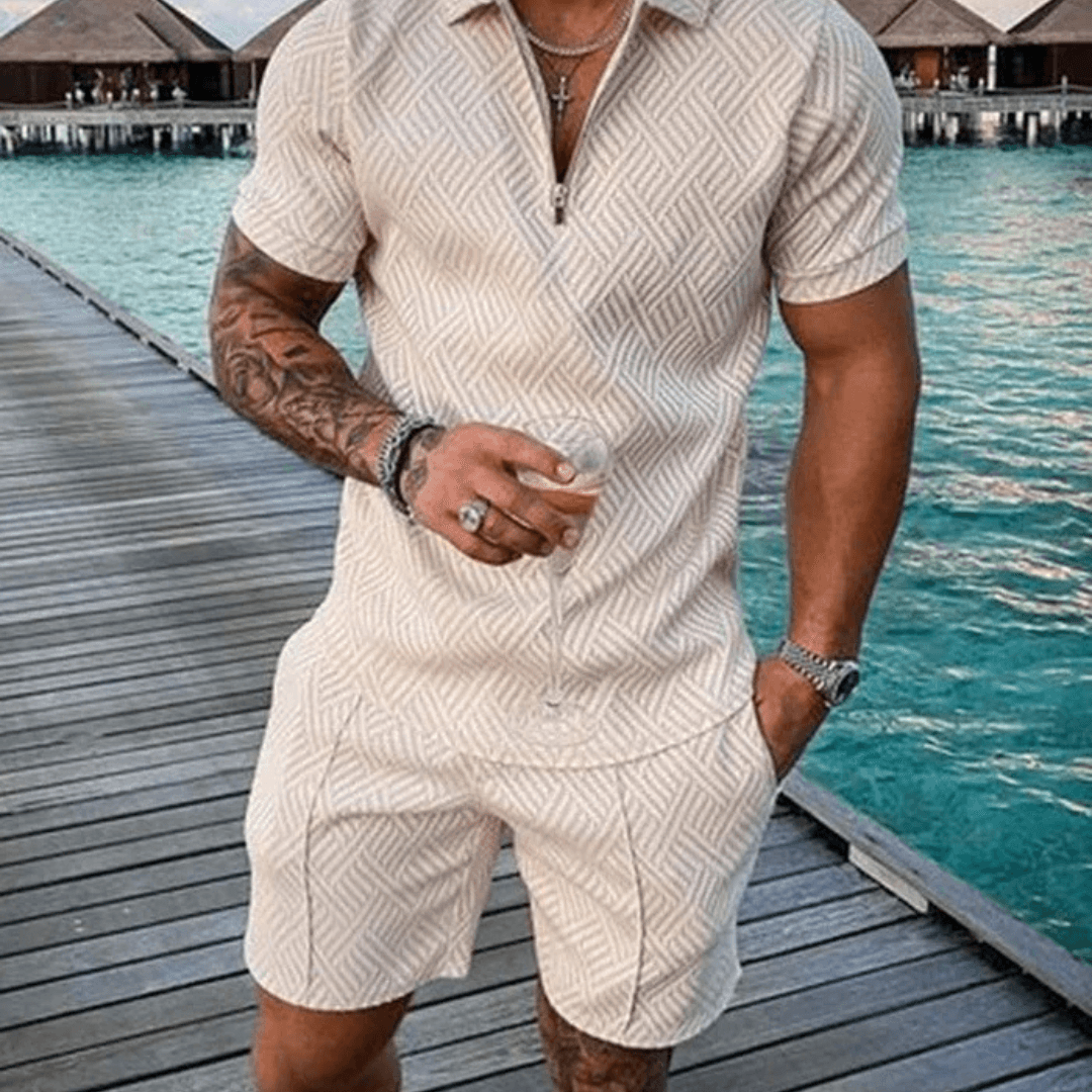 Lapel Cream Polo Shirt And Shorts Co-Ord