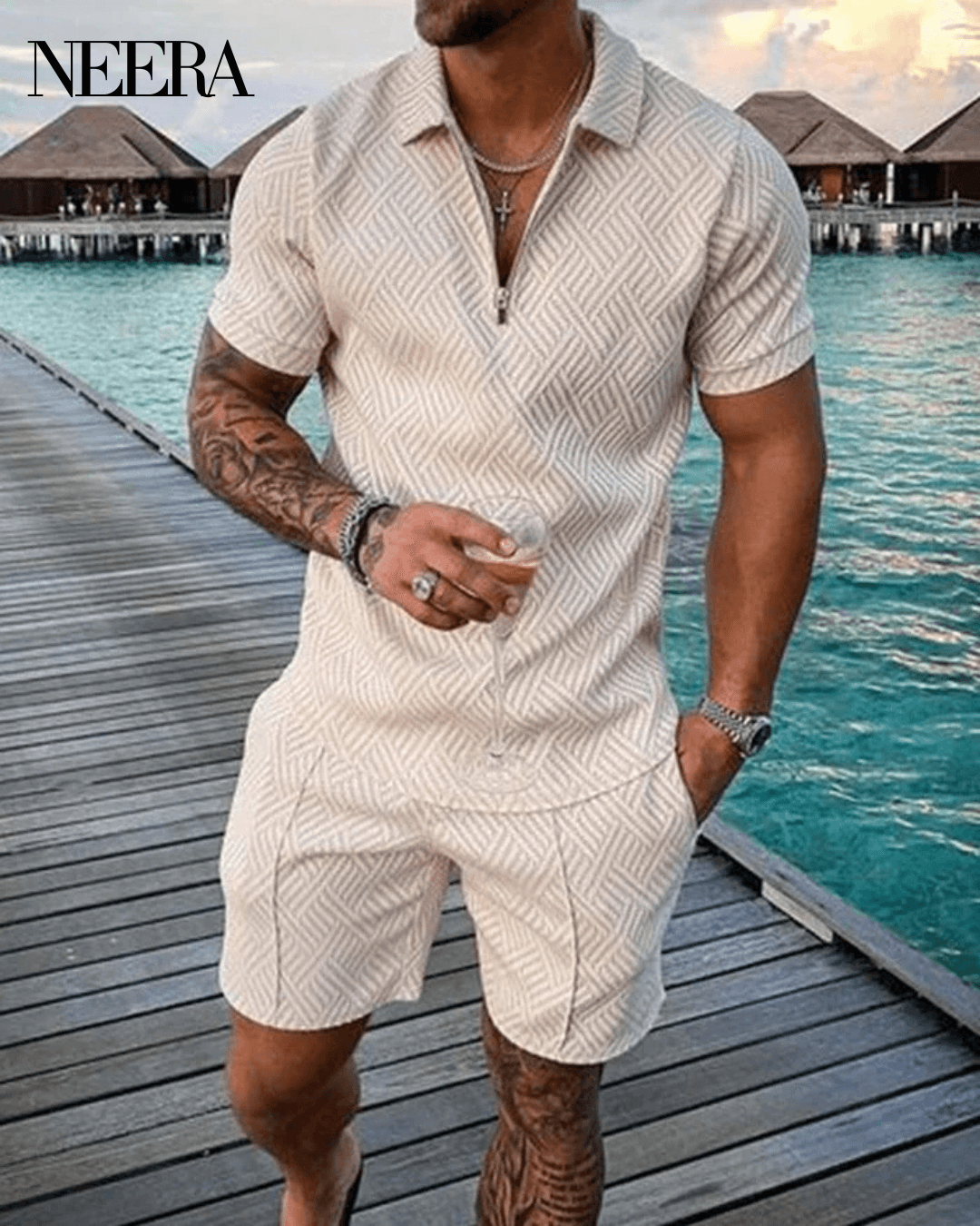 Lapel Cream Polo Shirt And Shorts Co-Ord