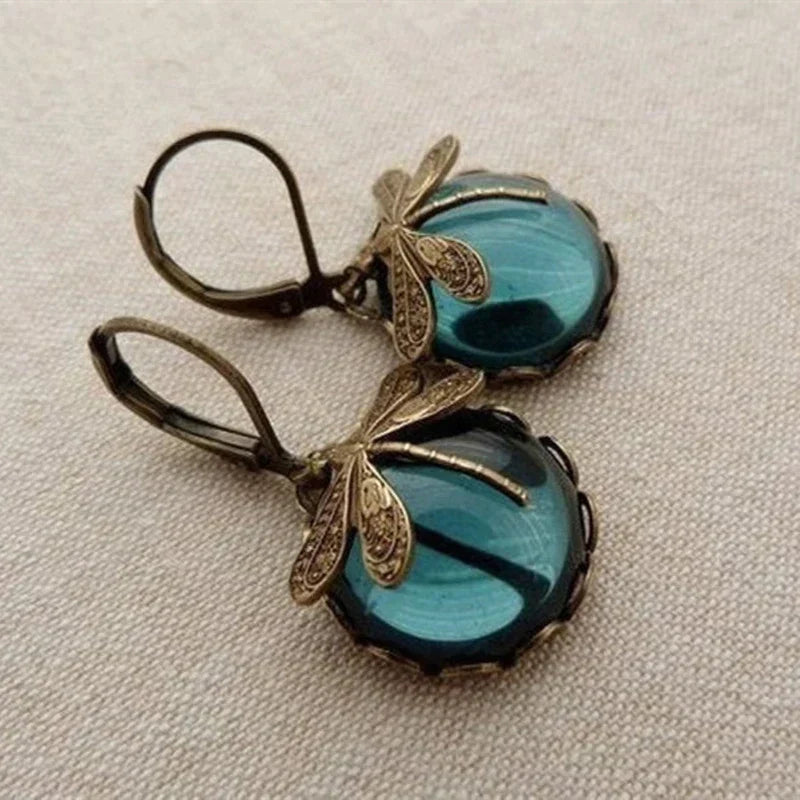 Boucles d'oreilles libellule sphérique en or antique