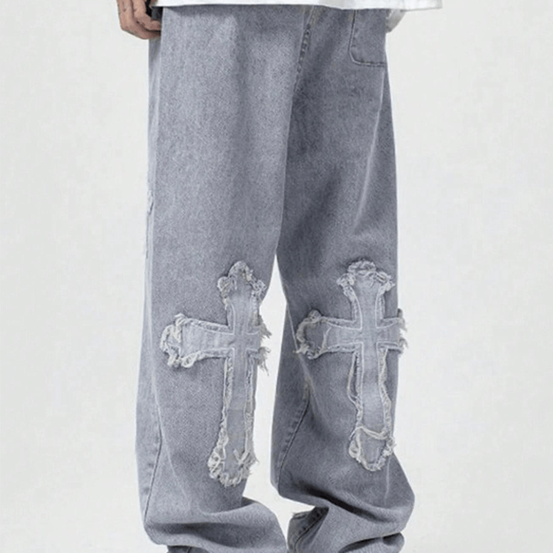 Wide Leg Denim Trousers with Cross Embroidery