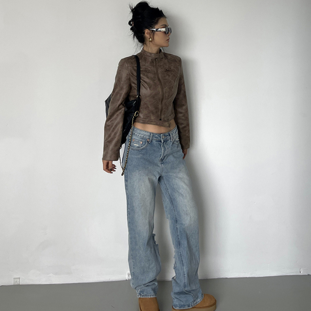 Vivienne | Veste en cuir véritable marron antique