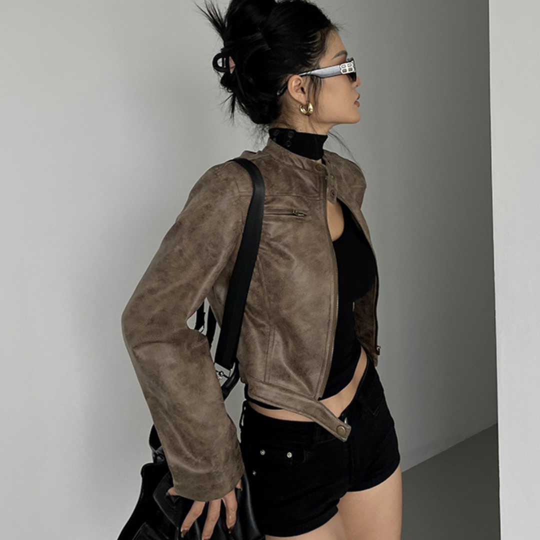 Vivienne | Veste en cuir véritable marron antique