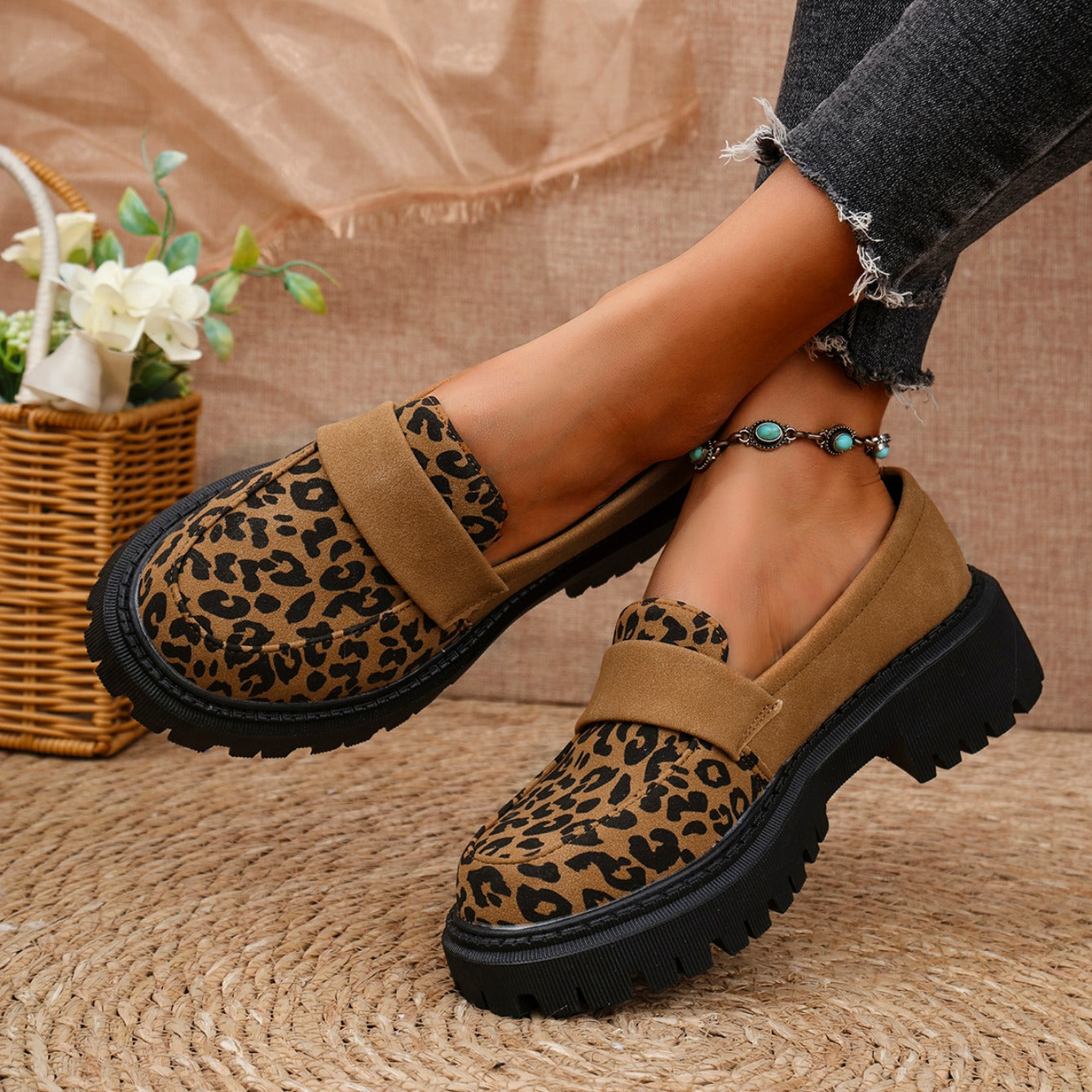 Adeline | Comfortable suede leather leopard print loafers with a thick, cushioned sole