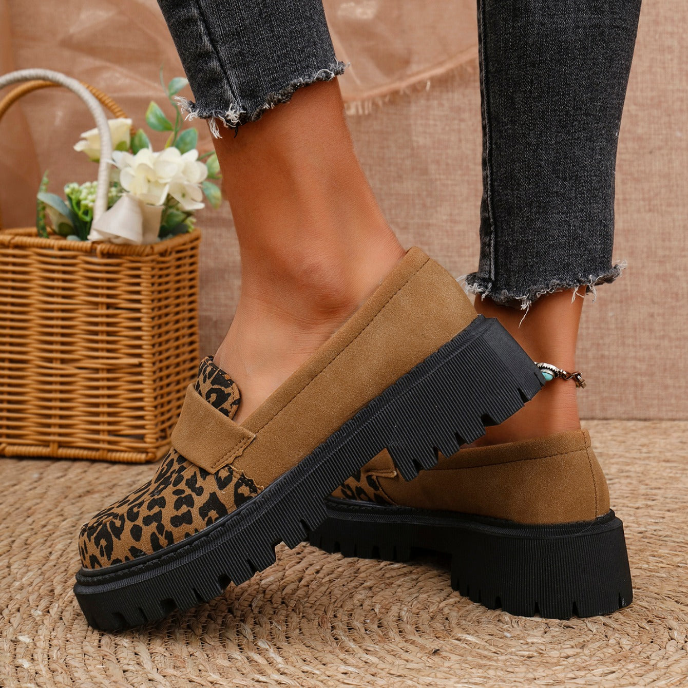 Adeline | Comfortable suede leather leopard print loafers with a thick, cushioned sole