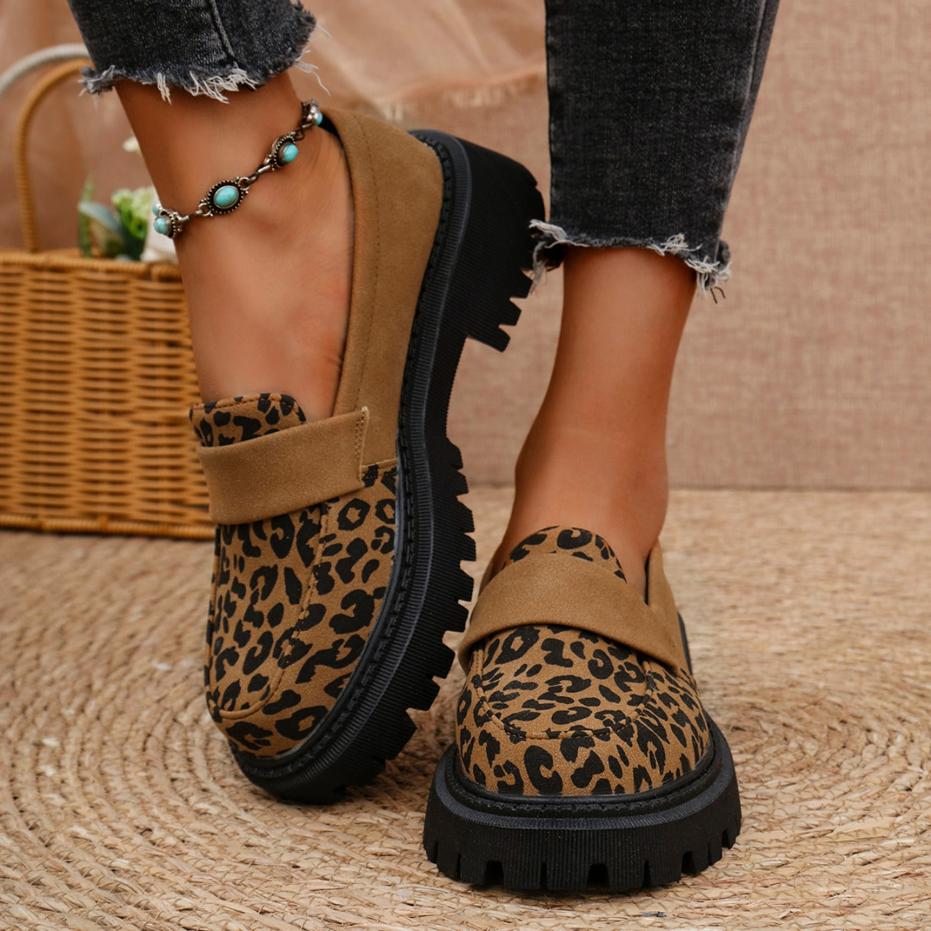 Adeline | Comfortable suede leather leopard print loafers with a thick, cushioned sole