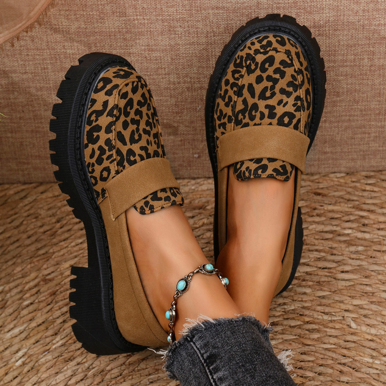 Adeline | Comfortable suede leather leopard print loafers with a thick, cushioned sole