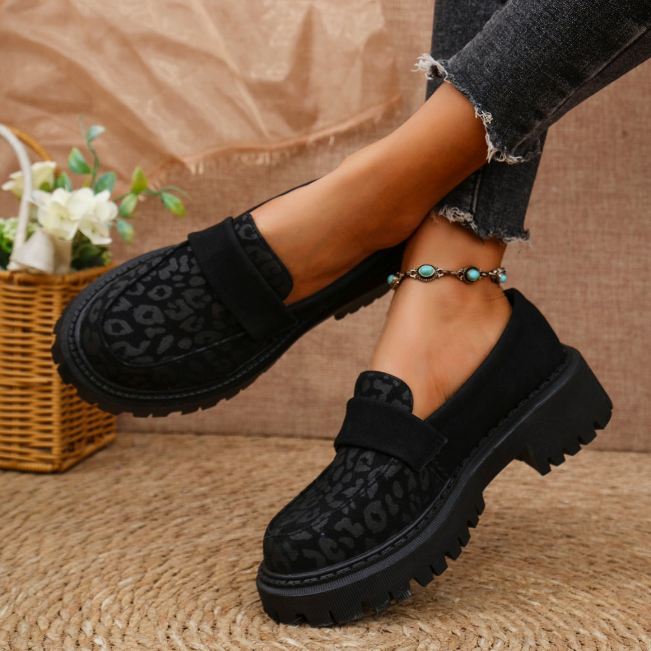 Adeline | Comfortable suede leather leopard print loafers with a thick, cushioned sole