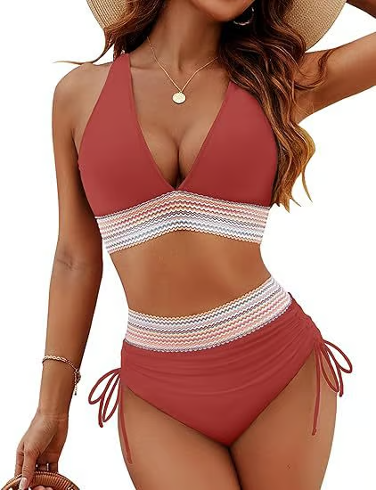 Color Block Shaping High Waisted Bikini Set