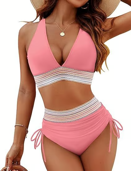 Color Block Shaping High Waisted Bikini Set