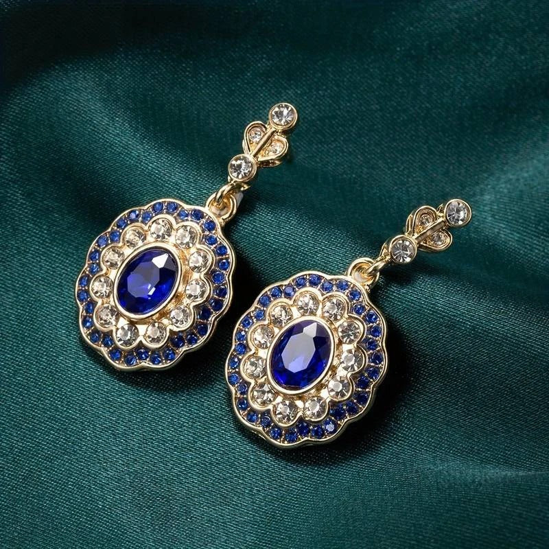 Boucles d'oreilles Mandala en cristal bleu sur or vintage