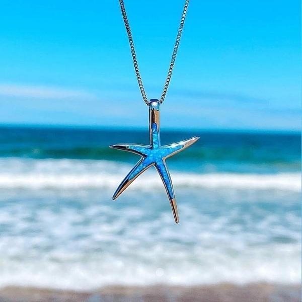 Collier étoile de mer en opale bleue et argent