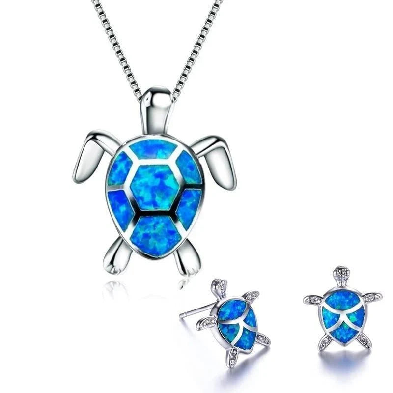 Sea Turtle Necklace and Earrings Set in Opal and Silver