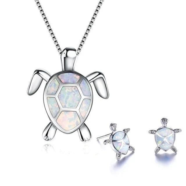 Sea Turtle Necklace and Earrings Set in Opal and Silver