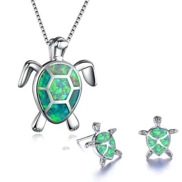 Sea Turtle Necklace and Earrings Set in Opal and Silver