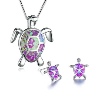 Sea Turtle Necklace and Earrings Set in Opal and Silver